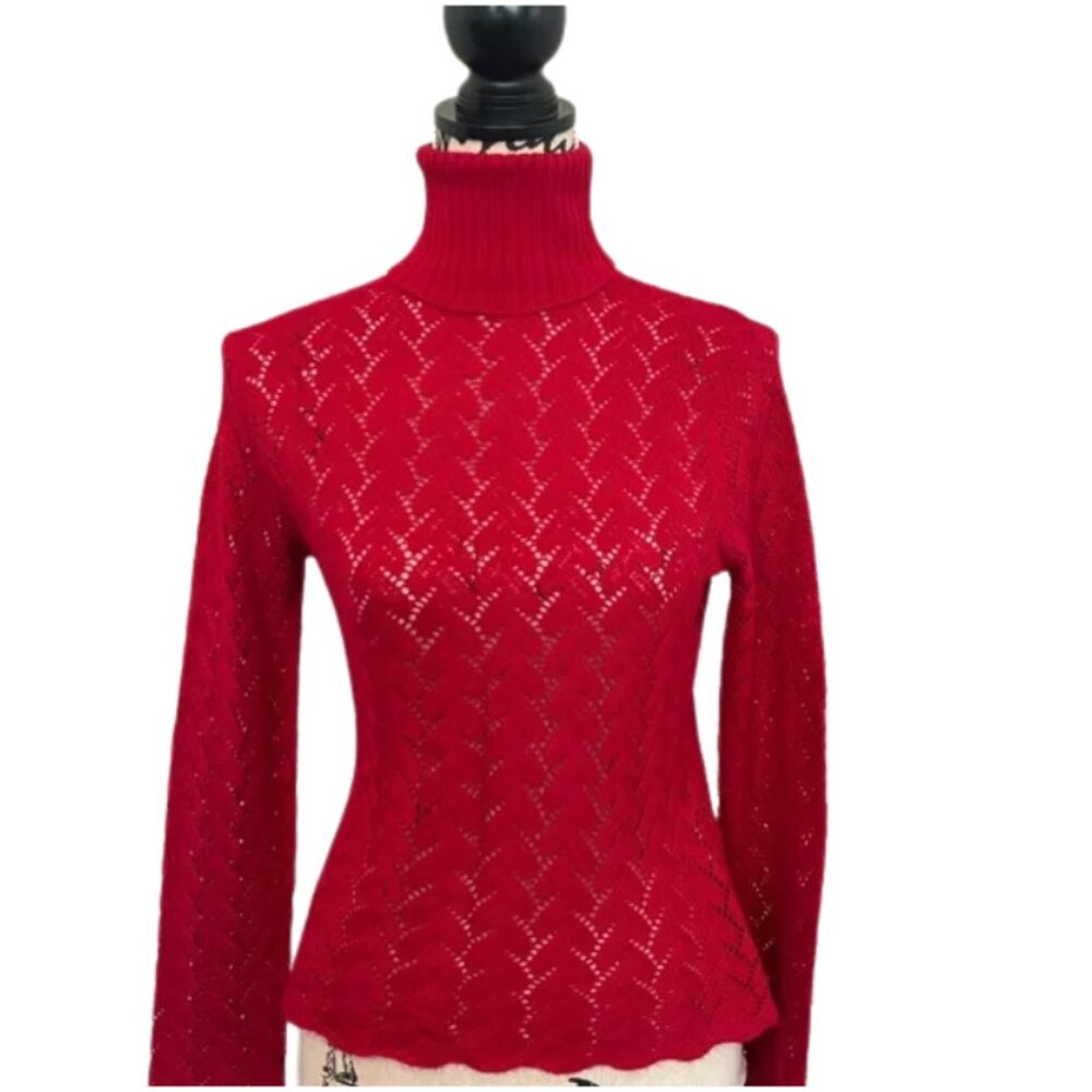 Contact NY Vintage Y2K Red Eyelet Knit Turtleneck Sweater Size Small
